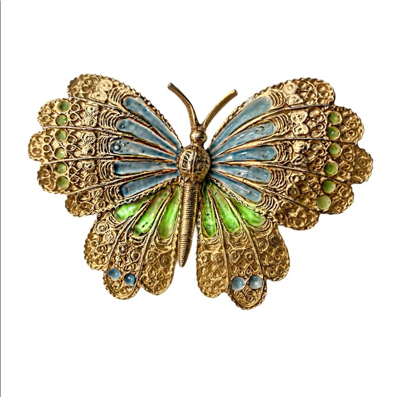 Vintage JJ Gold plated enamel Butterfly brooch pin